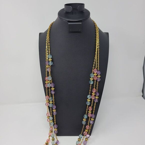 Necklace Opera 28" Gold Tone Chain Pastel Beaded Pink Blue Purple 3pc Set - Picture 12 of 13
